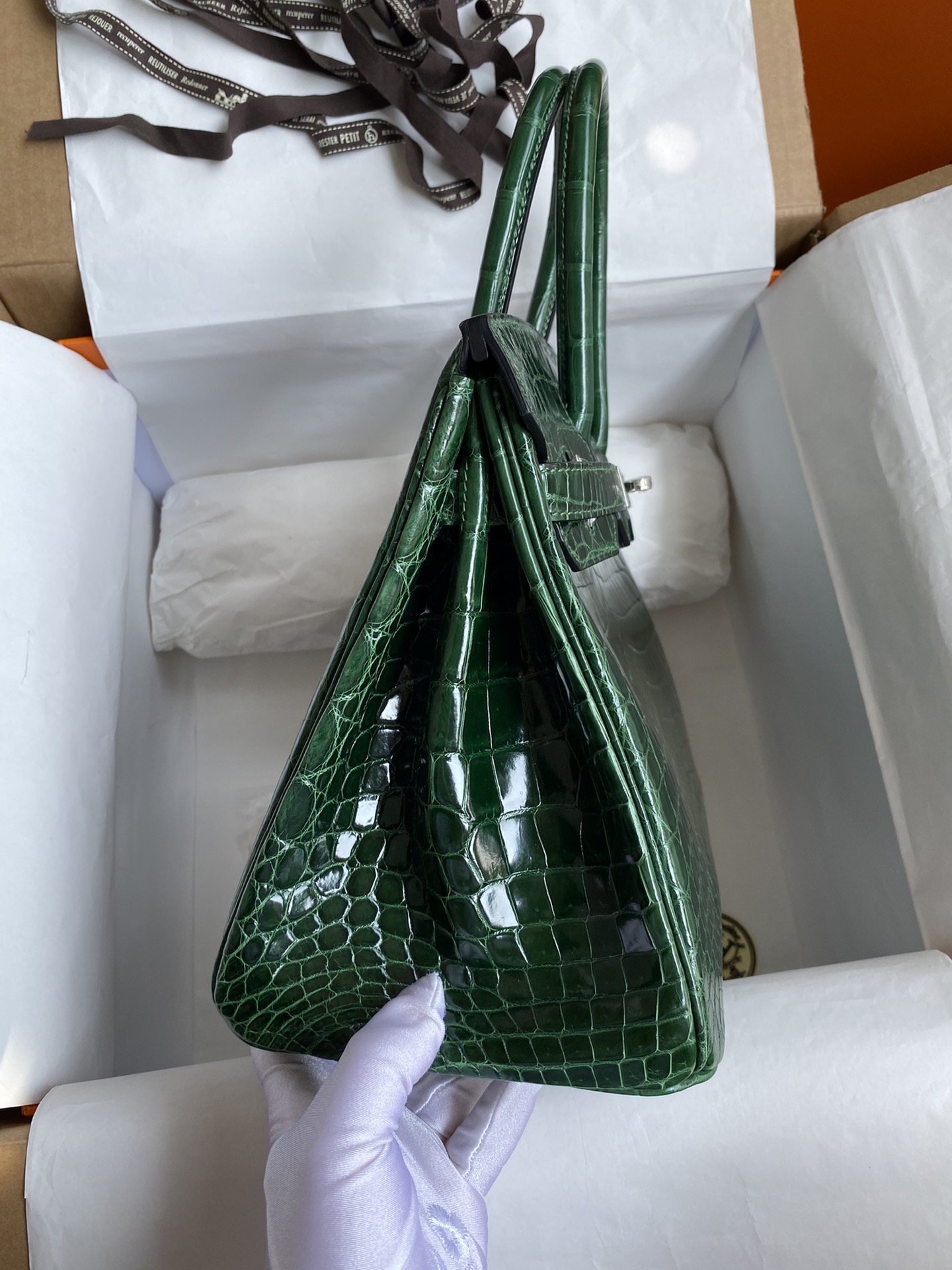 Hermes Birkin 30CM Handmade Bag In Green Crocodile Niloticus Shiny Skin